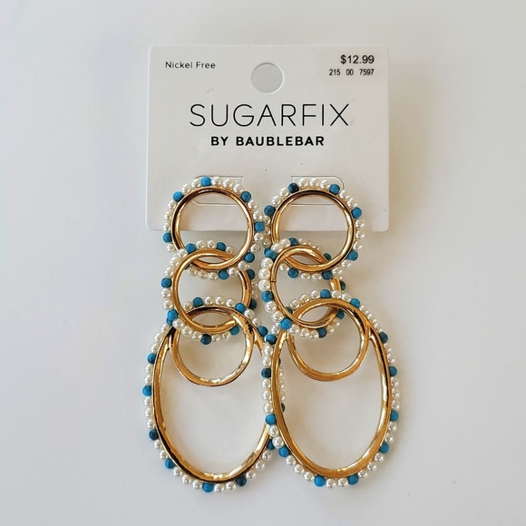 SugarFix by BaubleBar Long 3 Linked Gold Tone and Blue Nickel Free Earrings NWT - Picture 1 of 4